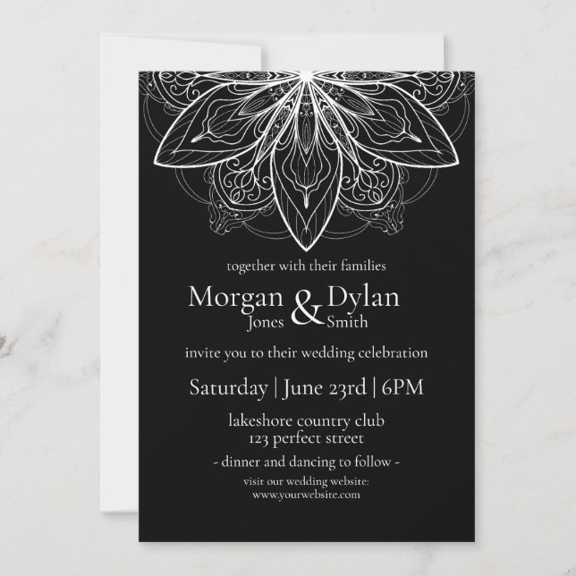 Invitation Mariage Mandala Fleur Noir et Blanc Élégant (Devant)
