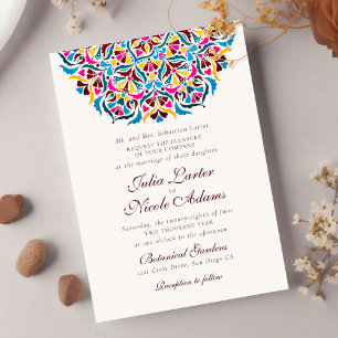 Invitation Mariage Mandala Floral Fantaisiste Bleu Magenta
