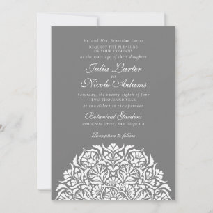 Invitation Mariage Mandala Floral Fantaisiste Gris Argenté Po