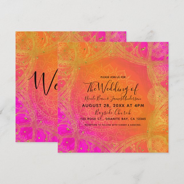 Invitation Mariage Mandala Indien Fuchsia Rose Orange Or (Devant / Derrière)