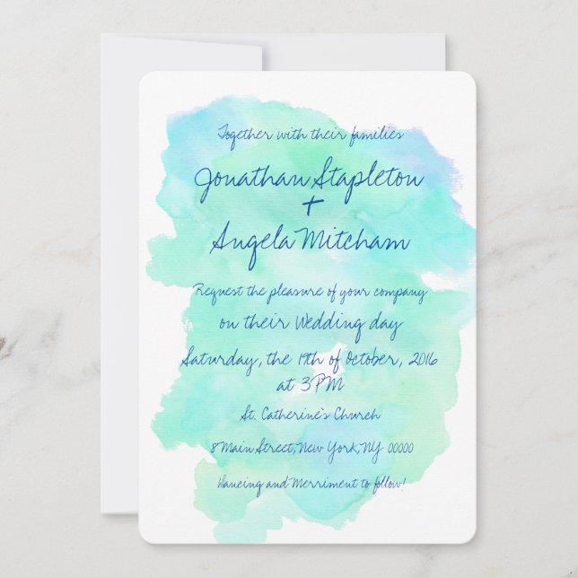 Invitation Mariage manuscrit vintage d'aquarelle turquoise (Devant)