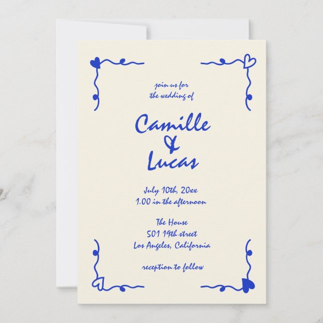Invitation Mariage maquis rétro bleu manuscrit (Devant)