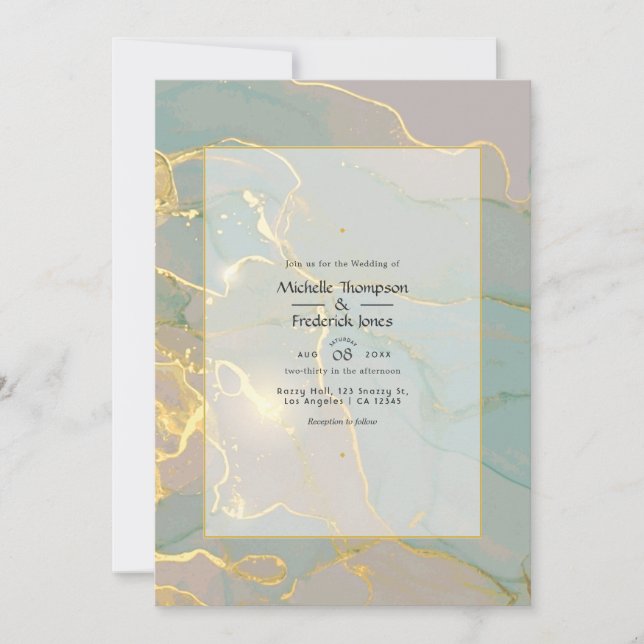 Invitation Mariage Marbre à l'encre alcoolique Menthe et Or (Devant)