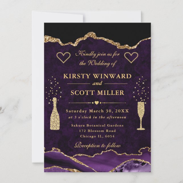 Invitation Mariage Marbre Agate Pailleté Violet et Or (Devant)