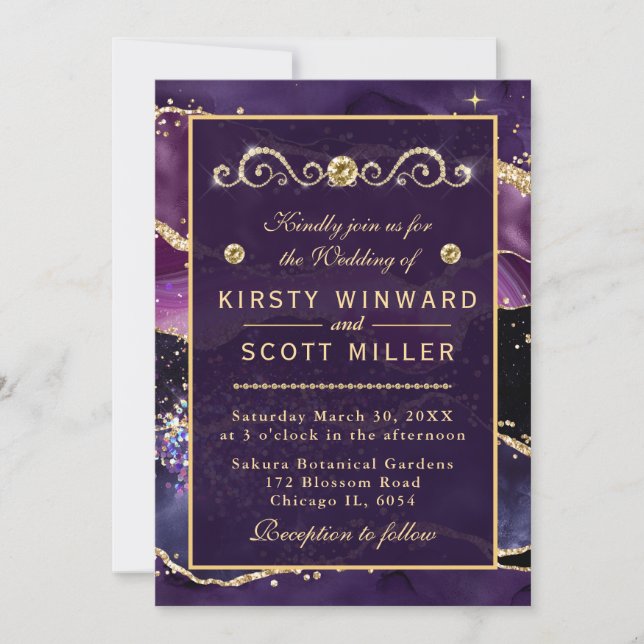 Invitation Mariage Marbre Agate Paillettes Violet & Or (Devant)