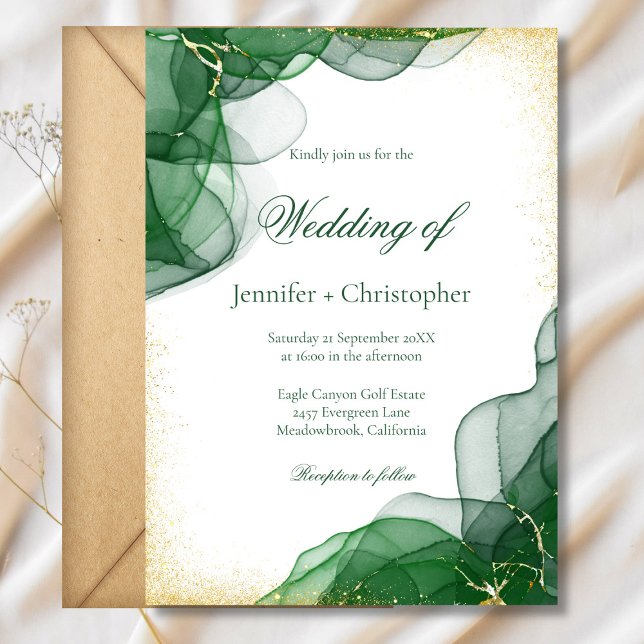 Invitation Mariage Marbre Émeraude Vert Or Blanc (White Emerald Green Gold Marble Wedding Invitation)