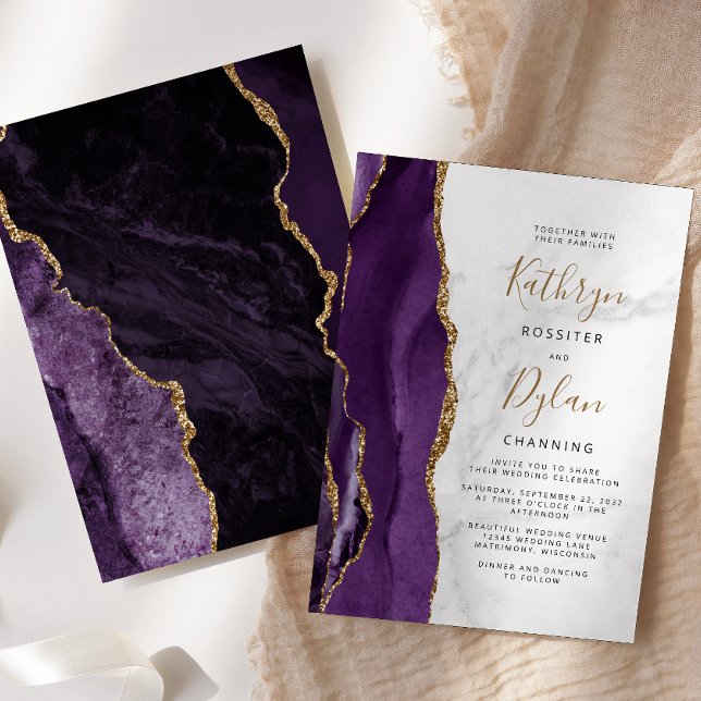 Invitation Mariage Marbre Gris Agate Or Violet (Créateur téléchargé)