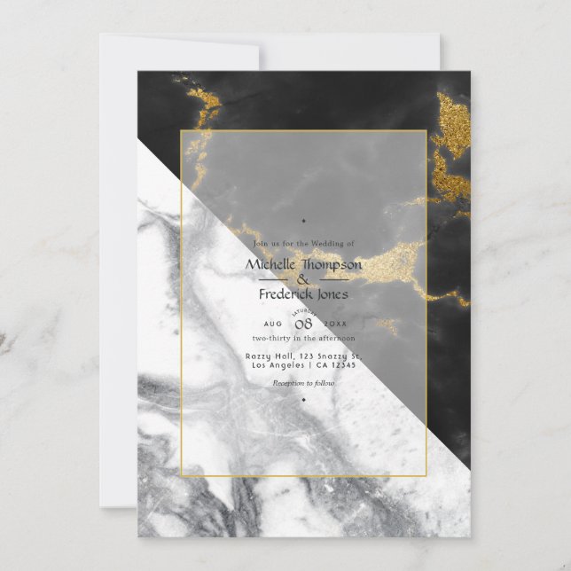 Invitation Mariage Marbre Noir et Or (Devant)
