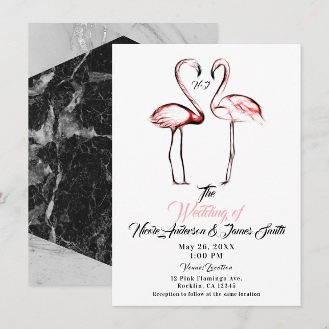 Invitation Mariage Marbre Noir Flamant Rose Pêche Flamants Ro (Devant / Derrière)