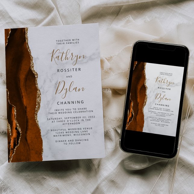 Invitation Mariage Marbre Or Agate Orange Brûlé (Créateur téléchargé)