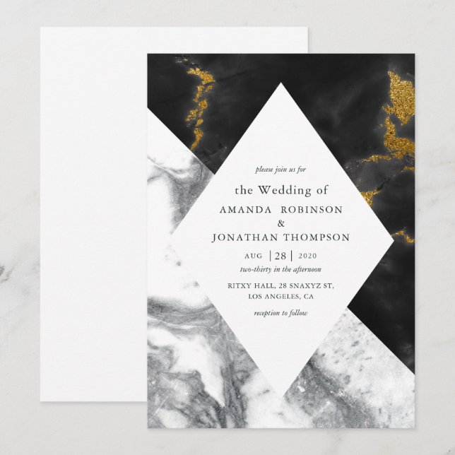 Invitation Mariage Marbre Paillettes Faux Glam Or (Devant / Derrière)