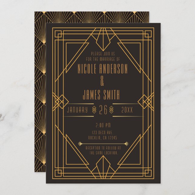 Invitation Mariage Mariage élégant Art déco d'or noir (Devant / Derrière)