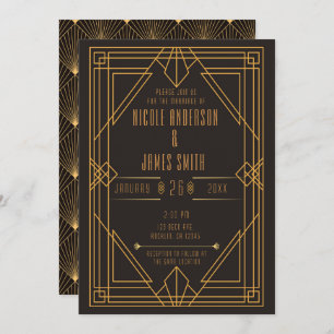 Invitation Mariage Mariage élégant Art déco d'or noir