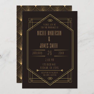 Invitation Mariage Mariage élégant Art déco d'or noir