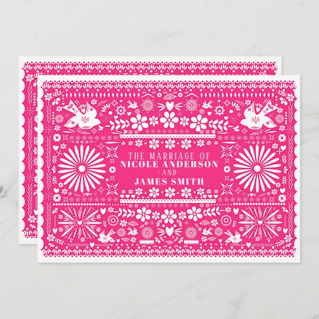 Invitation Mariage Mariage rose-chaud Picado mexicain (Devant / Derrière)