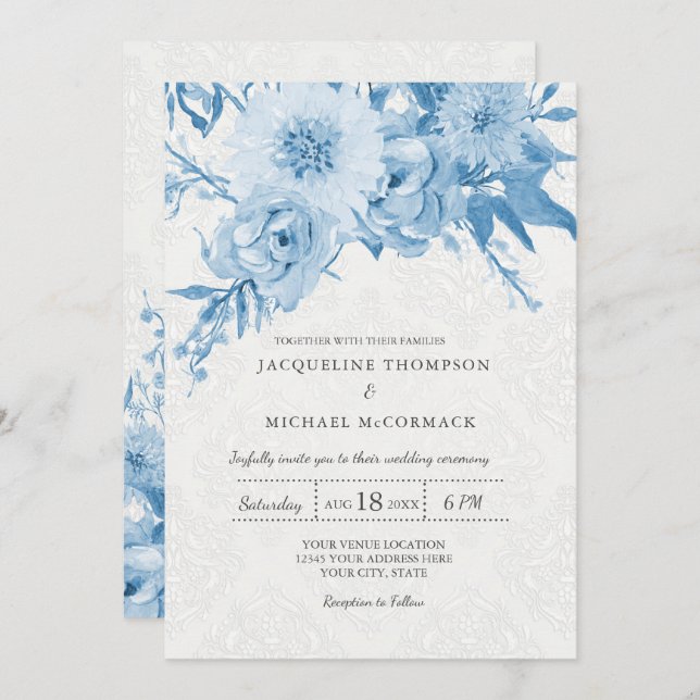 Invitation Mariage Marine Bleu Blanc Chintz Lace Damask Flora (Devant / Derrière)