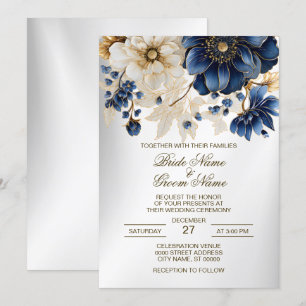 Invitation Mariage Marine Bleu Blanc Or Floral Argent