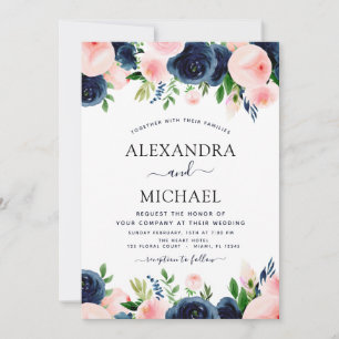 Invitation Mariage Marine Bleu Blush rose Élégant Floral