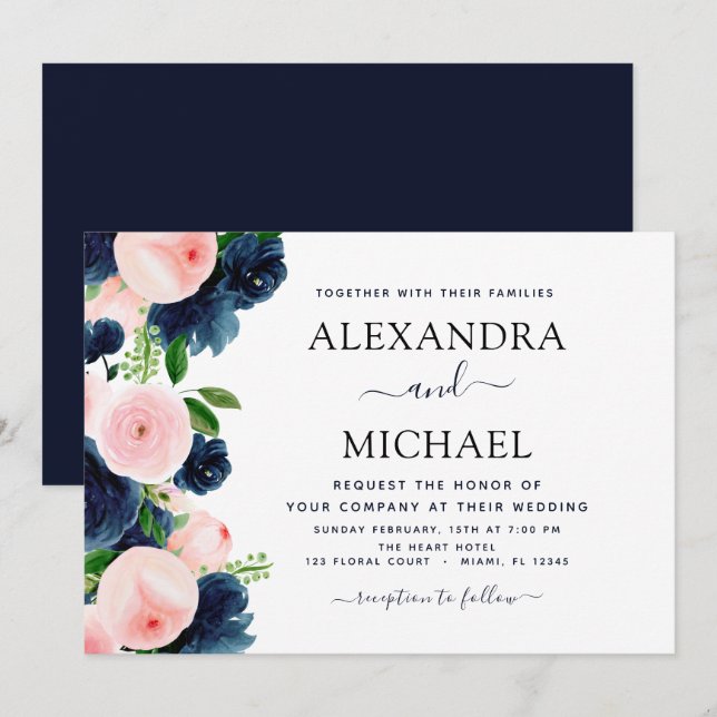 Invitation Mariage Marine Bleu Blush rose Élégant Floral (Devant / Derrière)