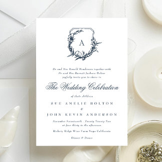 Invitation mariage marine bleu monogramme classique de la crê
