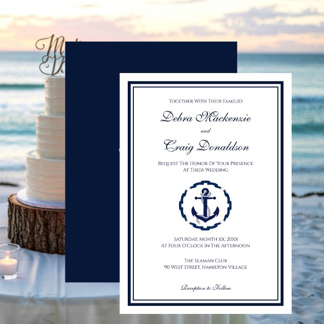 Invitation Mariage Marine Nautique et Ancre Blanche (Nautical Navy and White Anchor Wedding Invitation)