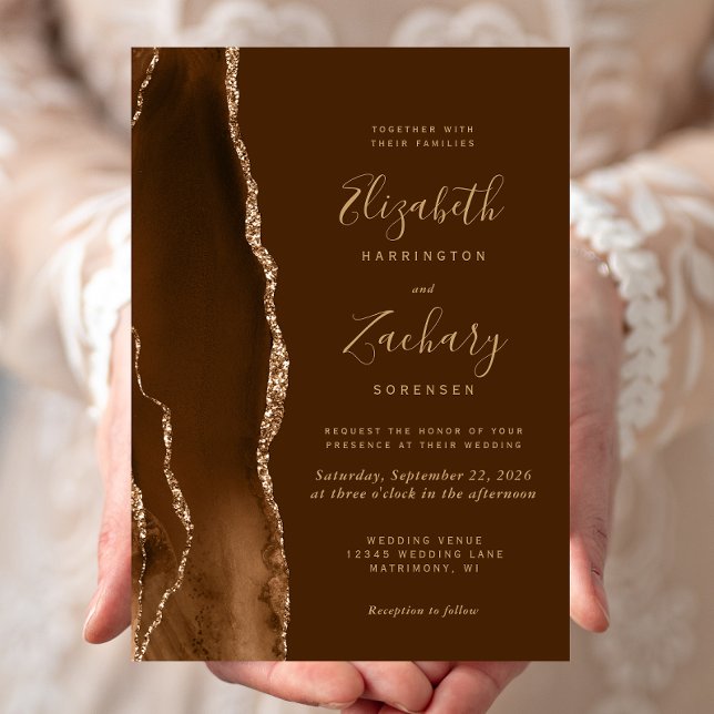 Invitation Mariage Marron Agate Or Mocha Moderne (Créateur téléchargé)