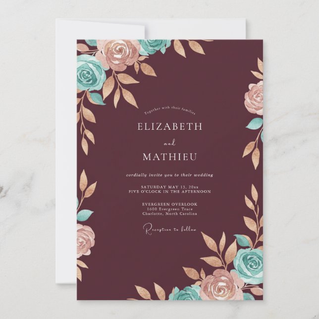 Invitation Mariage Marron Aqua Ranunculus Eucalyptus (Devant)