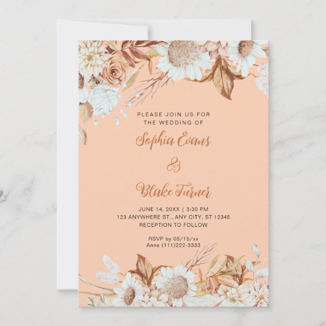 Invitation Mariage Marron Blanc Fleurs Bohème Orange Rustique (Devant)