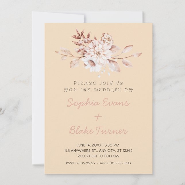 Invitation Mariage Marron Clair Floral Doux Rustique Moderne (Devant)