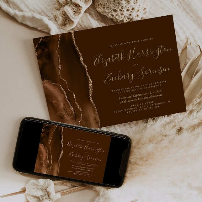 Invitation Mariage Marron Moka Agate Or (Créateur téléchargé)