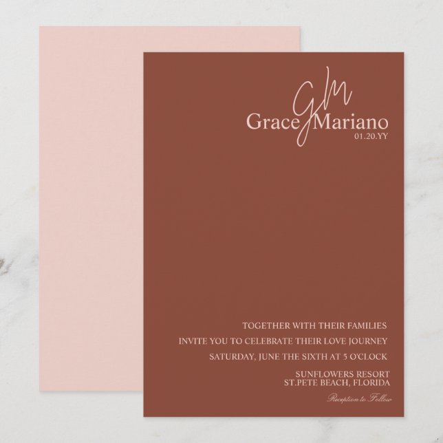 Invitation Mariage Marron Rose Monogramme Logo Script  (Devant / Derrière)