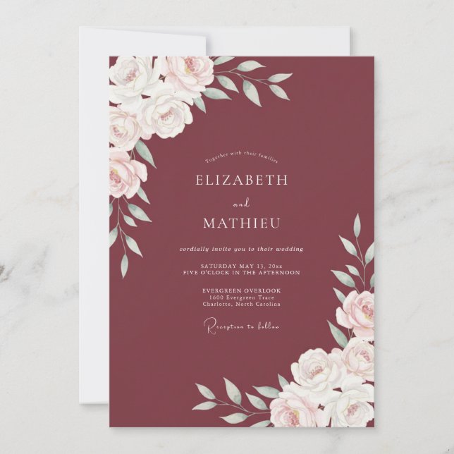 Invitation Mariage Marsala Ranunculus Eucalyptus Poussiéreux (Devant)
