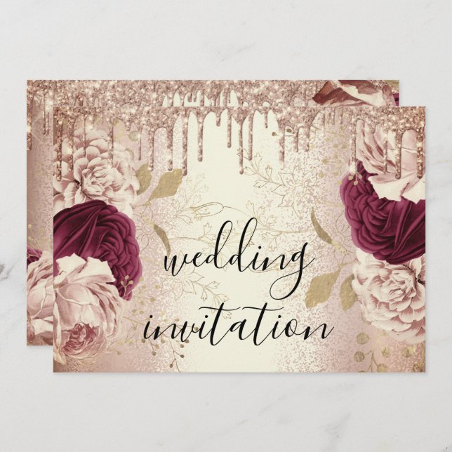 Invitation Mariage  Marsala Rose Or Roses Bourgogne (Devant / Derrière)