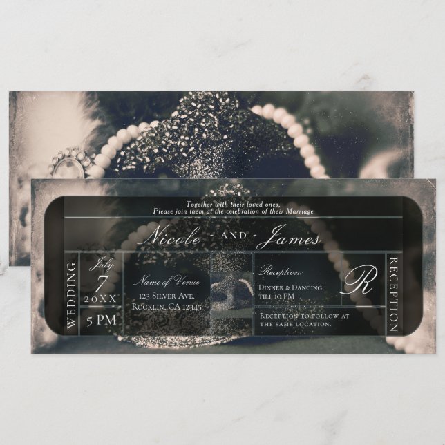 Invitation Mariage Mascarade et Perles Vintage (Devant / Derrière)