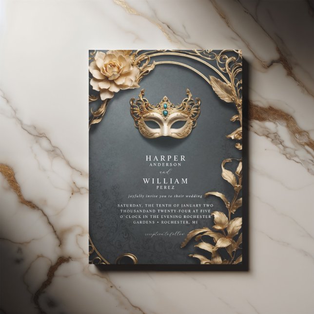 Invitation Mariage mascarade noir et or enchanté (Masquerade wedding invitation with baroque undertones and elegant gold foliage)