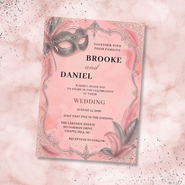 Invitation Mariage Mascarade Rose Pâle et Plume Argentée (Créateur téléchargé)