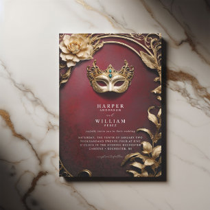 Invitation Mariage mascarade rouge et or enchanté