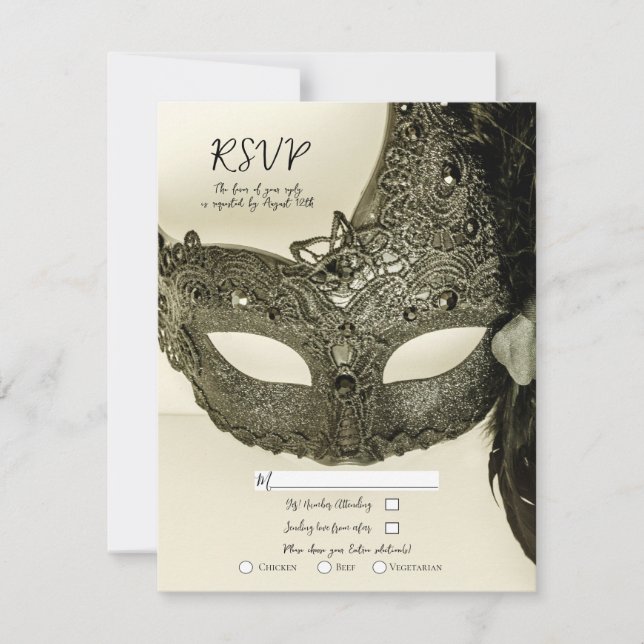 Invitation Mariage Mascaré en plumes noires vintages RSVP (Devant)