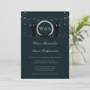 Invitation Mariage masculin Silver Bleu Élégant Monogramme LG