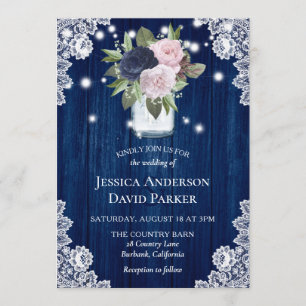 Invitation Mariage Mason Jar de la Navy Blue Blush