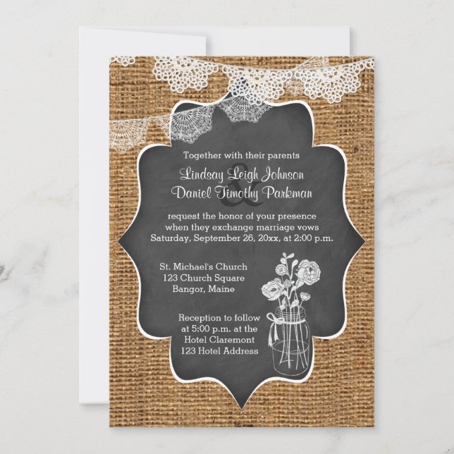 Invitation Mariage| Mason Jar, dentelle, Burlap| Tableau de b (Devant)