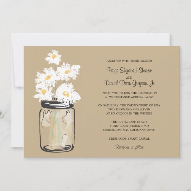 Invitation Mariage Mason Jar et White Daisy (Devant)