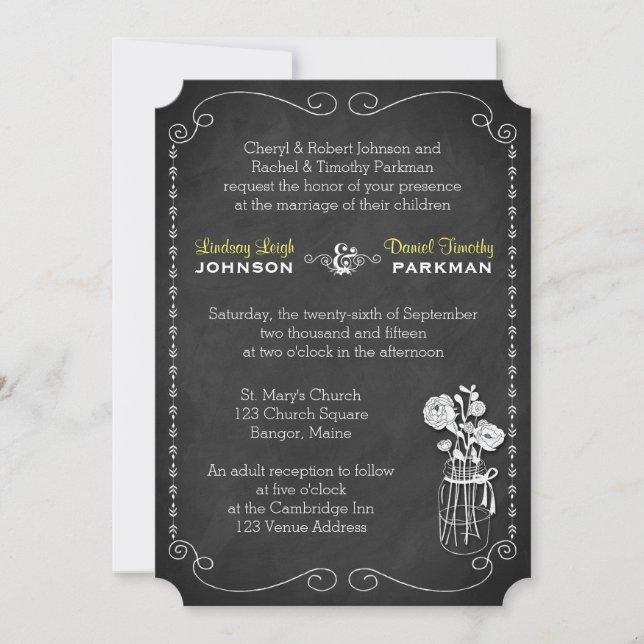 Invitation Mariage| Mason Jar, Fleurs, Chalkboard 3 (Devant)