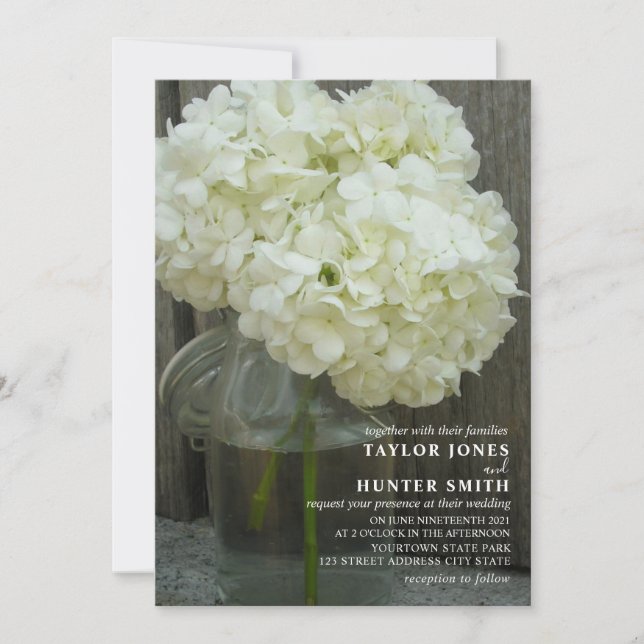 Invitation Mariage Mason Jar White Hydrangeas (Devant)