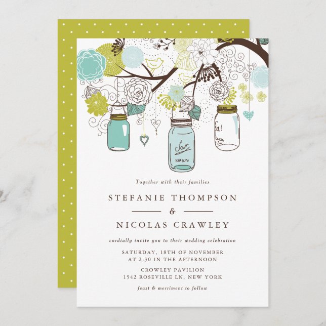 Invitation Mariage Mason Jars à pendage bleu et vert (Devant / Derrière)