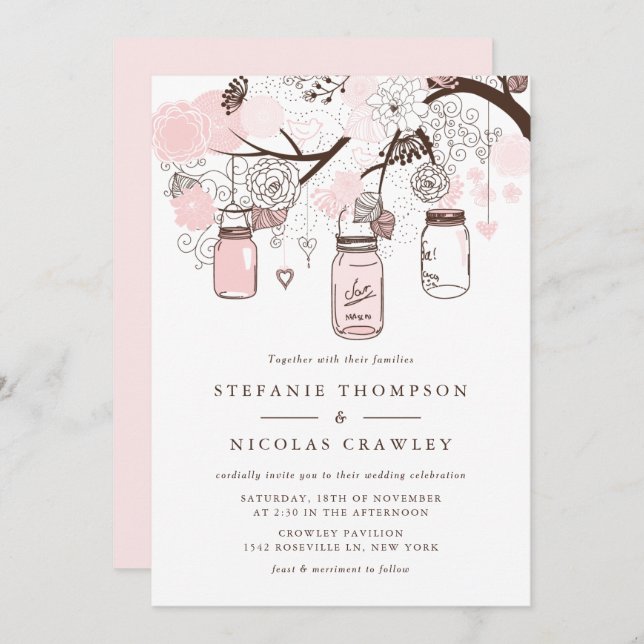 Invitation Mariage Mason Jars à pendaison rose rousse (Devant / Derrière)