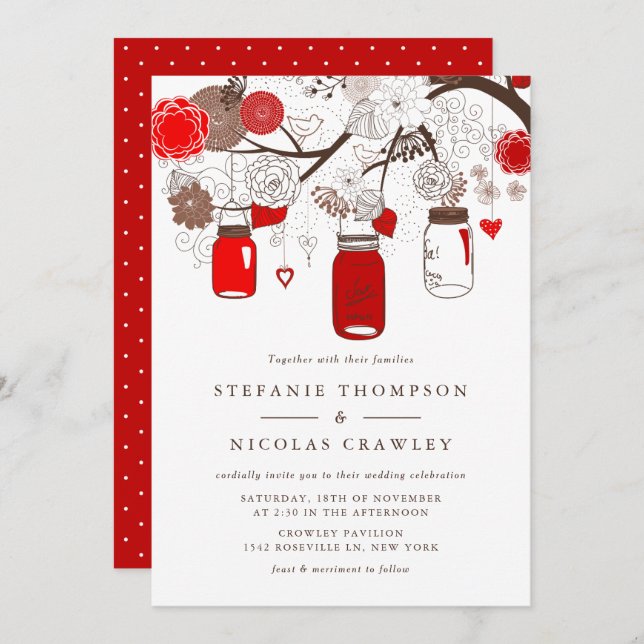Invitation Mariage Mason Jars à pendaison rouge (Devant / Derrière)