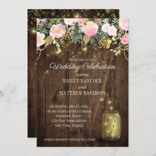 Invitation Mariage Mason Jars de lucioles rose et or
