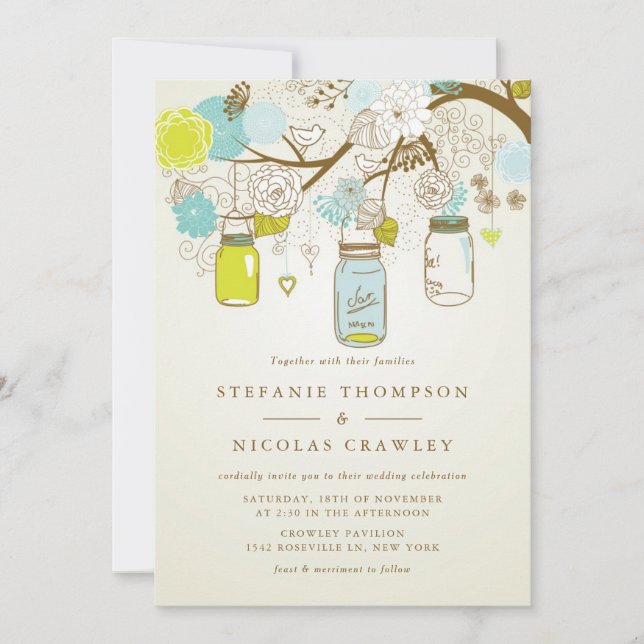 Invitation Mariage Mason Jars Vintage bleu et vert (Devant)