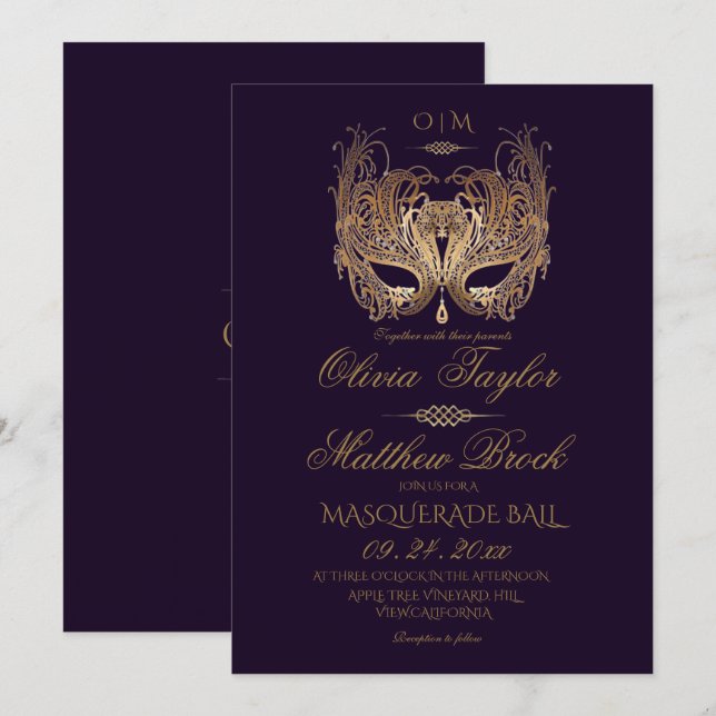 Invitation Mariage masquade violet or (Devant / Derrière)